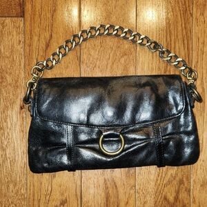 HOBO International Black Leather Clutch Chain Strap Foldover Bag